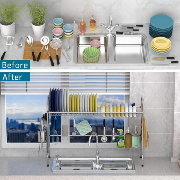 Over the Sink Dish Drying Rack, Veckle Large Dish Rack Stainless Steel Dish Drainer Easy Install Non-Slip Dish Dryer Utensil Holder, Cutting Board Holder Kitchen Sink Shelf Storage Rack