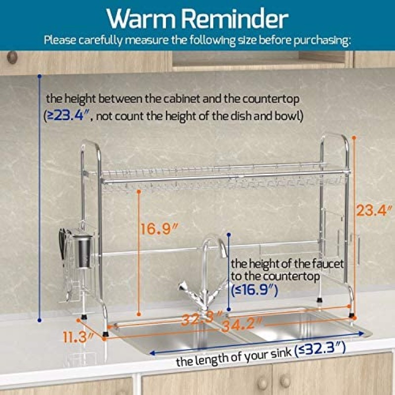 Over the Sink Dish Drying Rack, Veckle Large Dish Rack Stainless Steel Dish Drainer Easy Install Non-Slip Dish Dryer Utensil Holder, Cutting Board Holder Kitchen Sink Shelf Storage Rack