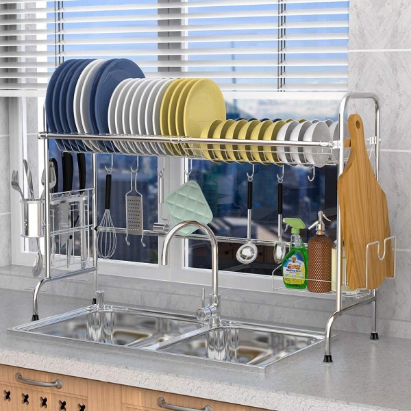 Over the Sink Dish Drying Rack, Veckle Large Dish Rack Stainless Steel Dish Drainer Easy Install Non-Slip Dish Dryer Utensil Holder, Cutting Board Holder Kitchen Sink Shelf Storage Rack