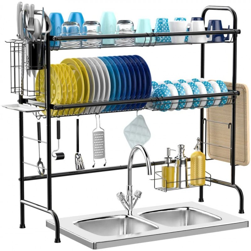 Over The Sink Dish Drying Rack, 2-Tier Premium 201 Stainless Steel Large Dish Rack with Utensil Holder Hooks Stable Bend Foot for Kitchen Countertop Space Saver Non-Slip Black