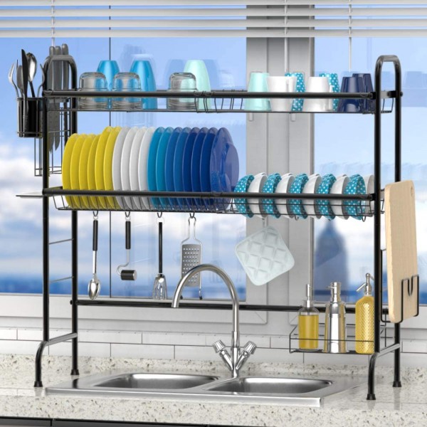 Over The Sink Dish Drying Rack, 2-Tier Premium 201 Stainless Steel Large Dish Rack with Utensil Holder Hooks Stable Bend Foot for Kitchen Countertop Space Saver Non-Slip Black