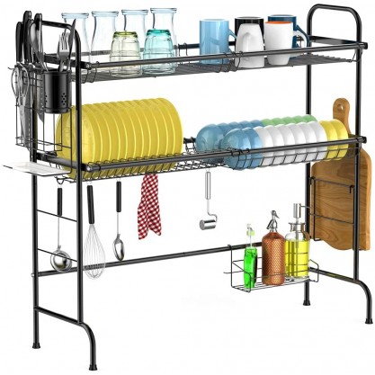 Over the Sink Dish Drying Rack, Cambond Large Dish Drainer Shelf 2 Tier Premium 201 Stainless Steel Dish Rack with Utensils Holder for Kitchen Counter, (Sink size ≤ 31.9 inch) Black