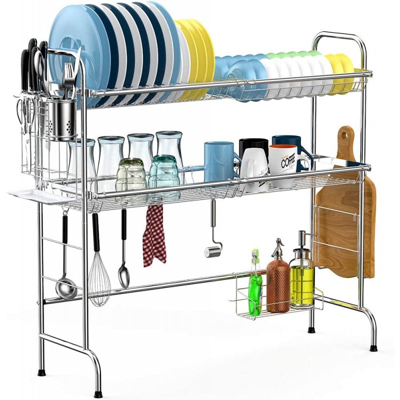 Over the Sink Dish Drying Rack, Cambond Large Dish Drainer Shelf 2 Tier Premium 201 Stainless Steel Dish Rack with Utensils Holder for Kitchen Counter, (Sink size ≤ 31.9 inch) Black