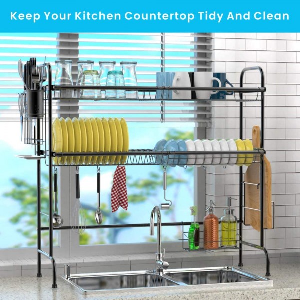 Over the Sink Dish Drying Rack, Cambond Large Dish Drainer Shelf 2 Tier Premium 201 Stainless Steel Dish Rack with Utensils Holder for Kitchen Counter, (Sink size ≤ 31.9 inch) Black