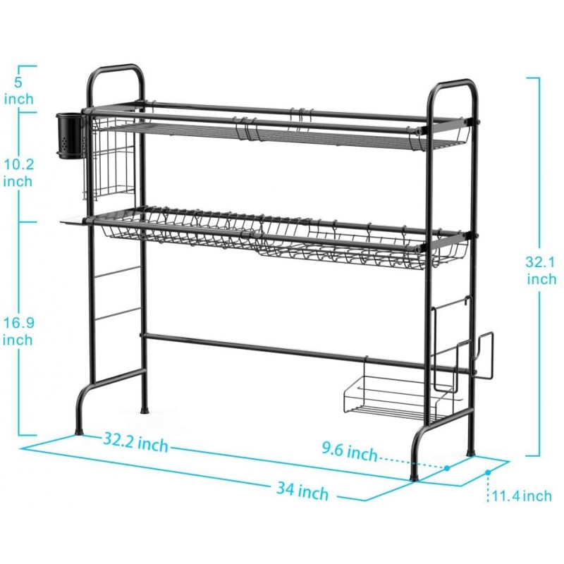 Over the Sink Dish Drying Rack, Cambond Large Dish Drainer Shelf 2 Tier Premium 201 Stainless Steel Dish Rack with Utensils Holder for Kitchen Counter, (Sink size ≤ 31.9 inch) Black