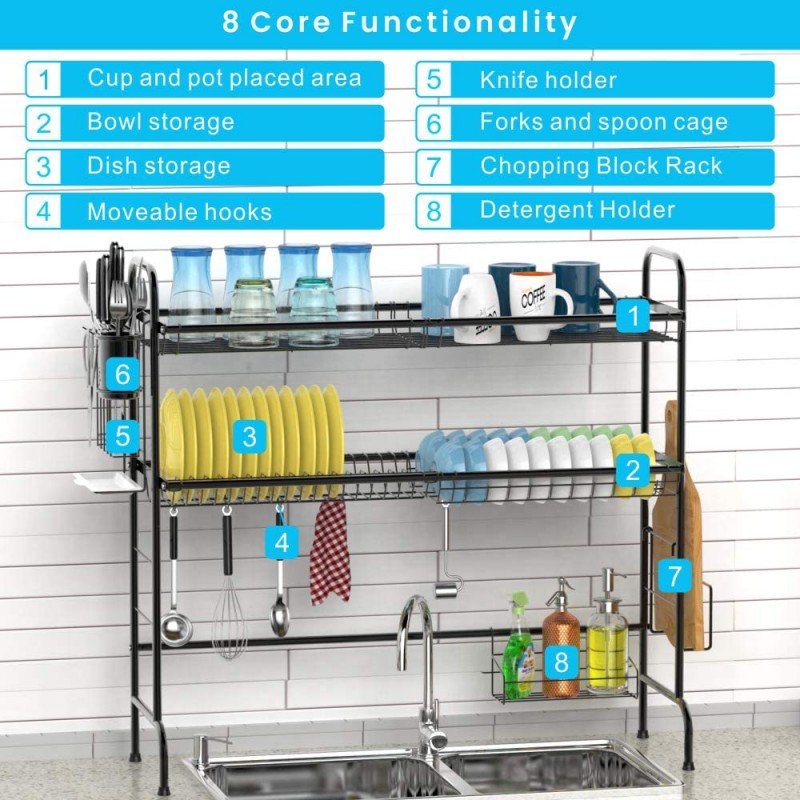 Over the Sink Dish Drying Rack, Cambond Large Dish Drainer Shelf 2 Tier Premium 201 Stainless Steel Dish Rack with Utensils Holder for Kitchen Counter, (Sink size ≤ 31.9 inch) Black