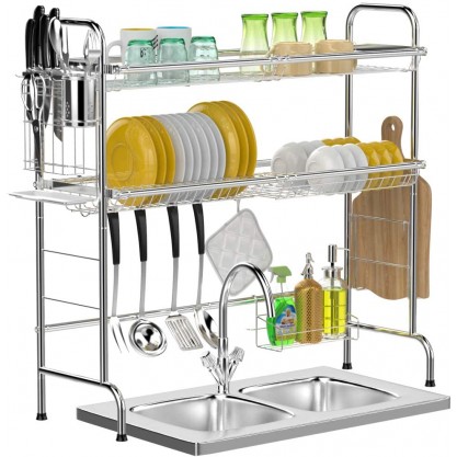 Over the Sink Dish Drying Rack, GSlife Stainless Steel 2 Tier Dish Rack Stable Kitchen Over Sink Shelf Drying Rack for Dishes Bowls Utensils