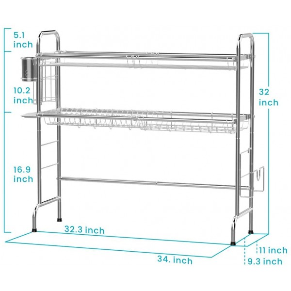 Over the Sink Dish Drying Rack, GSlife Stainless Steel 2 Tier Dish Rack Stable Kitchen Over Sink Shelf Drying Rack for Dishes Bowls Utensils