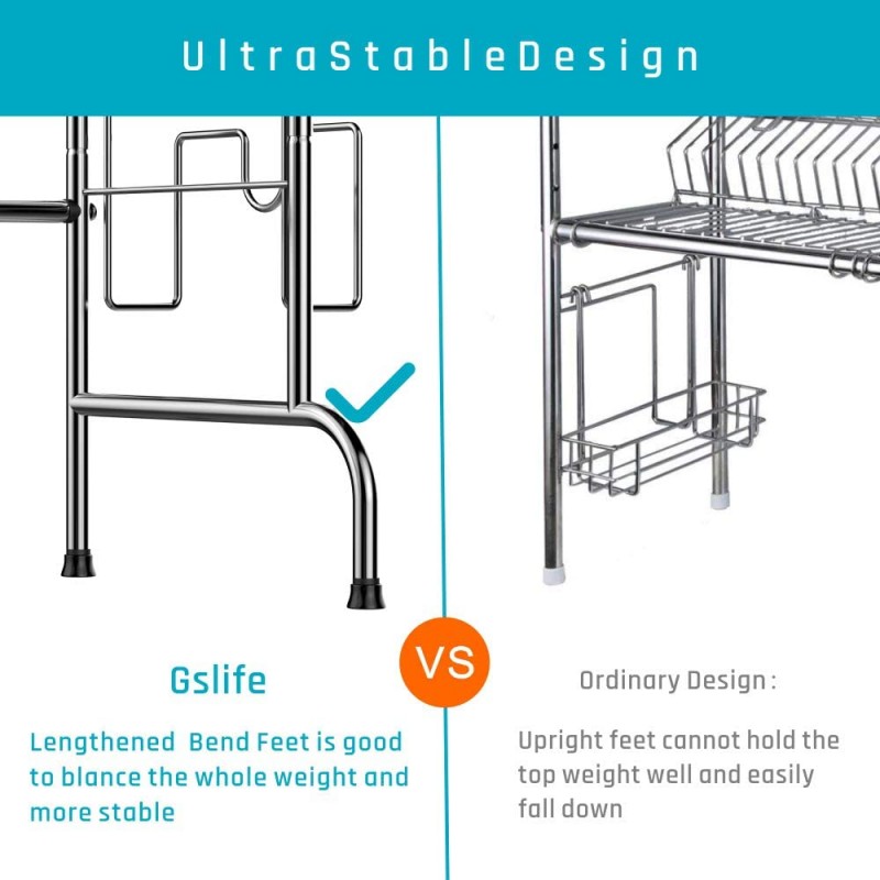 Over the Sink Dish Drying Rack, GSlife Stainless Steel 2 Tier Dish Rack Stable Kitchen Over Sink Shelf Drying Rack for Dishes Bowls Utensils