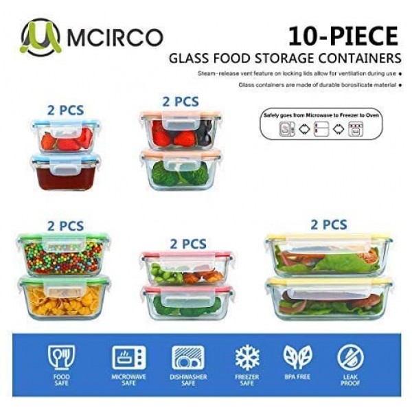 [10 Packs]Glass Food Storage Container with Lids,MCIRCO Airtight Glass Lunch Containers,Glass Meal Prep Container