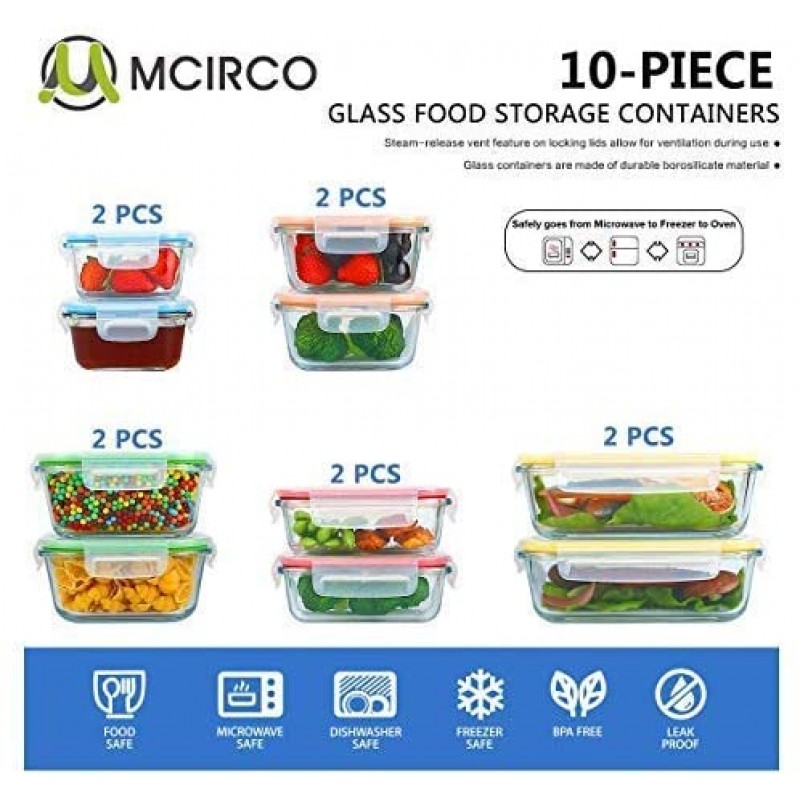 [10 Packs]Glass Food Storage Container with Lids,MCIRCO Airtight Glass Lunch Containers,Glass Meal Prep Container