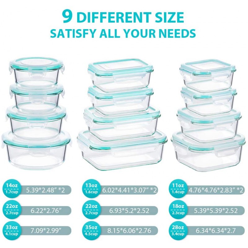 Bayco Glass Food Storage Containers with Lids, [24 Piece] Glass Meal Prep Containers, Airtight Glass Bento Boxes, BPA Free & FDA Approved & Leak Proof (12 lids & 12 Containers) White