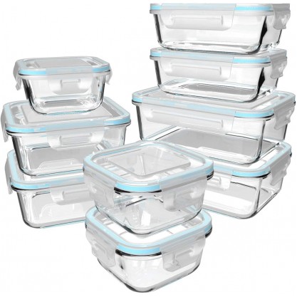 18 Piece Glass Food Storage Containers with Lids, Glass Meal Prep Containers, Glass Containers for Food Storage with Lids, BPA Free & FDA Approved & Leak Proof (9 lids & 9 Containers)