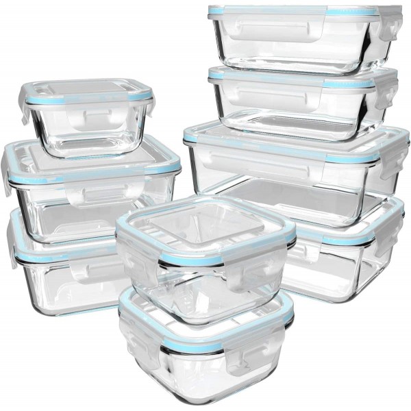 18 Piece Glass Food Storage Containers with Lids, Glass Meal Prep Containers, Glass Containers for Food Storage with Lids, BPA Free & FDA Approved & Leak Proof (9 lids & 9 Containers)